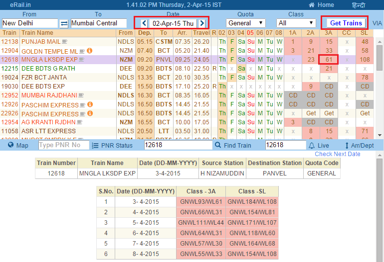 Indianrail train seat availablity check